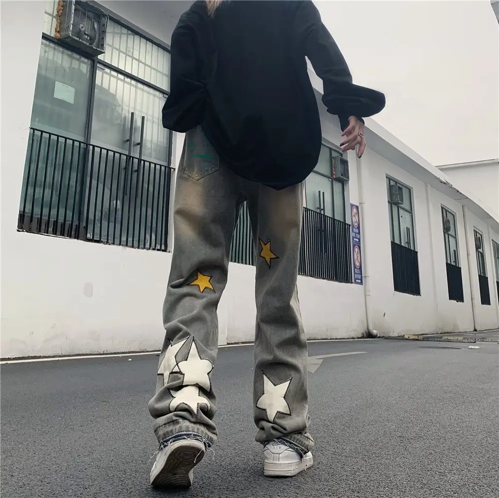 New Jeans Oversize American Jeans Men's Spring Autumn High Street Hip Hop Style Embroidered Stars Whiskers Straight Loose Pants
