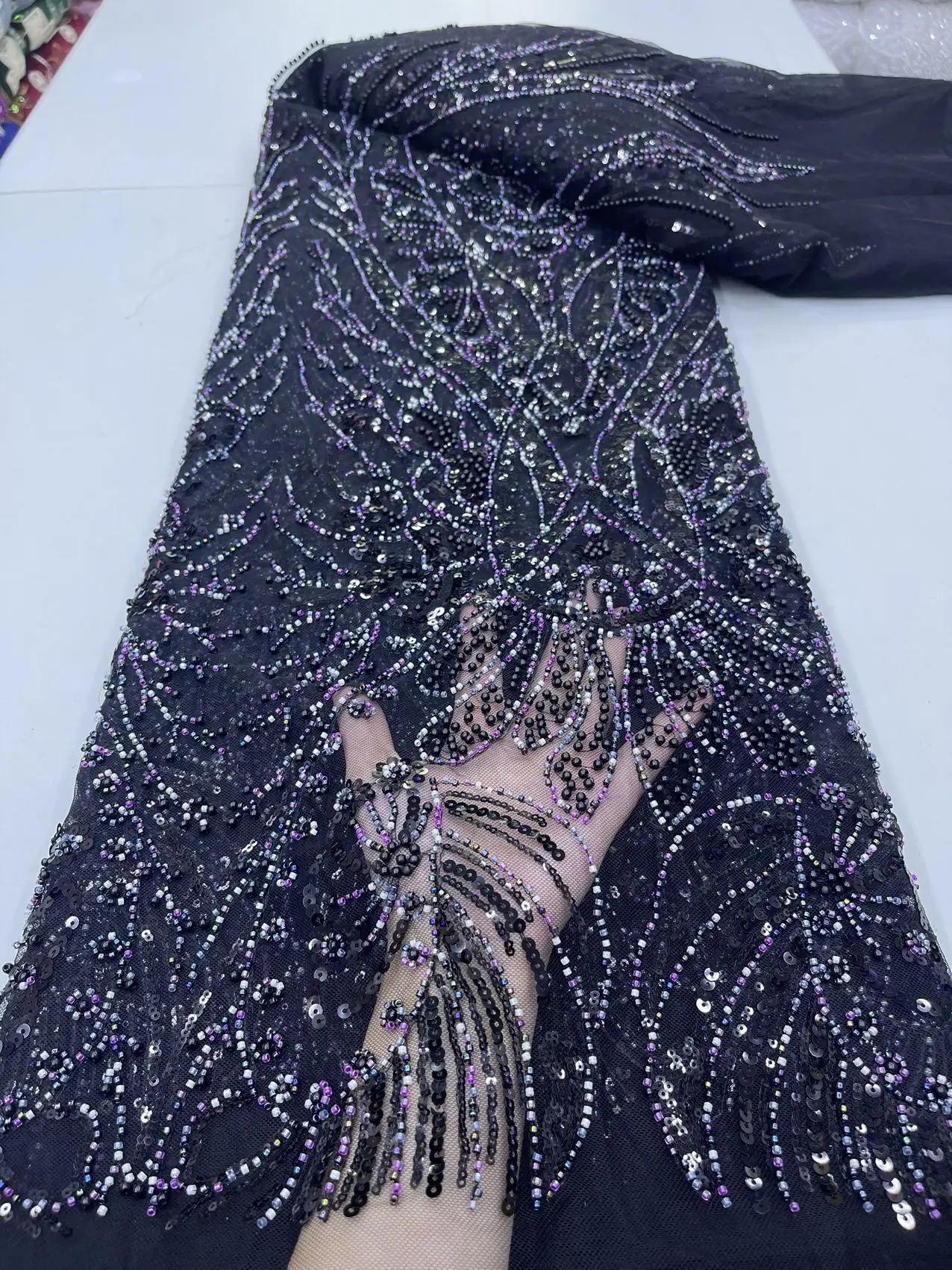 Luxury African bluie 3D Sequin Beaded Groom Lace Fabric High Quality French tulle fabric Embroidered Nigerian lace