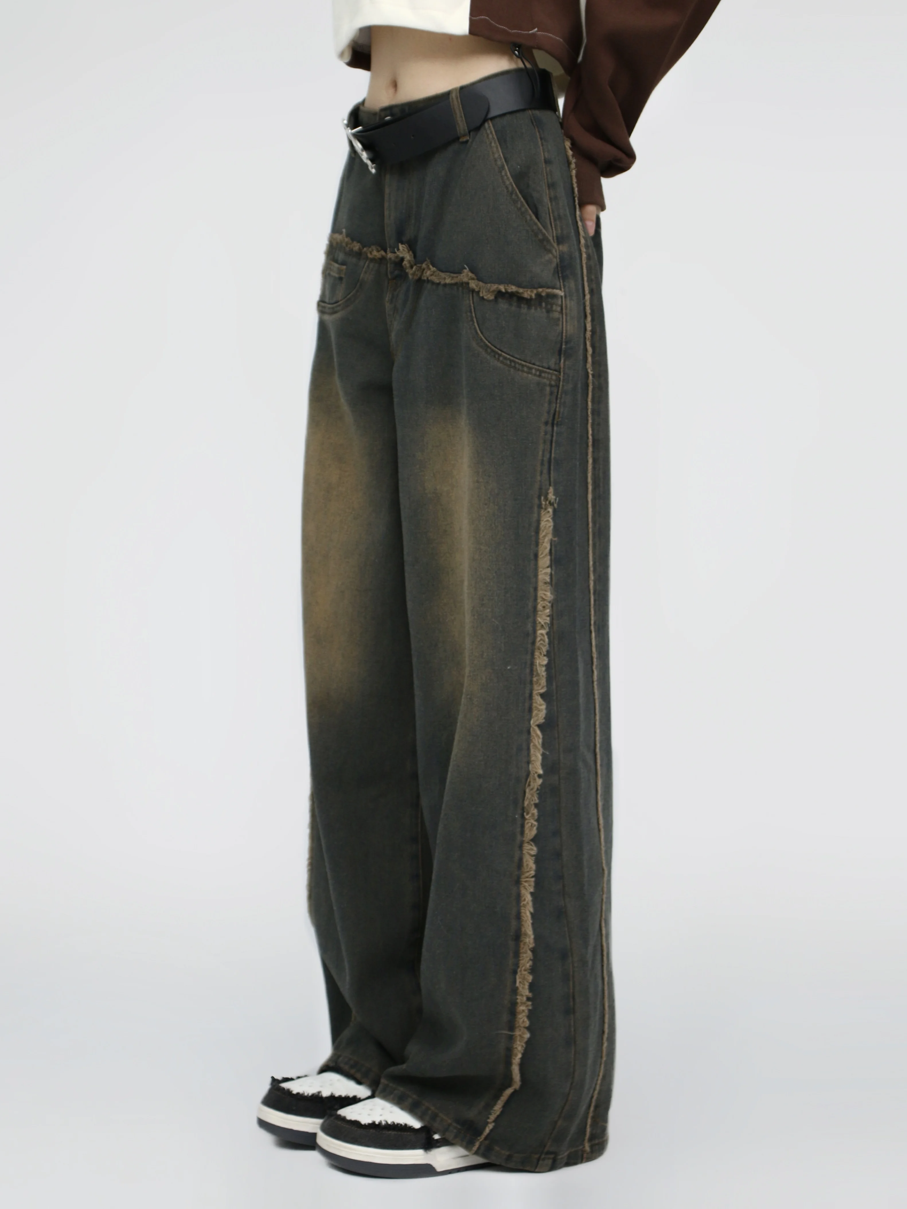 

Американские ретро состаренные джинсы составного кроя с необработанными краями, потертые и стройнящие брюки, универсальные широкие повседневные брюки