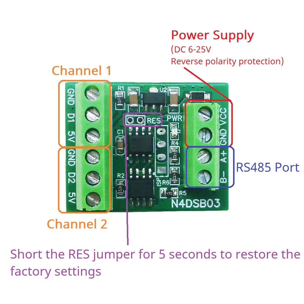 Плата адаптера датчика DS18B20 2-канальный температурный коллектор RS485 Modbus -55 до + 125C
