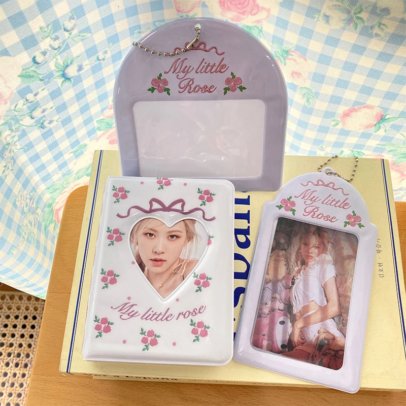 

Idol Photocard Holder Sleeve Card Holder Photo Album Photo Pocket Keychain INS Kpop Binder White Rose Bow Printing 3 Inch PVC