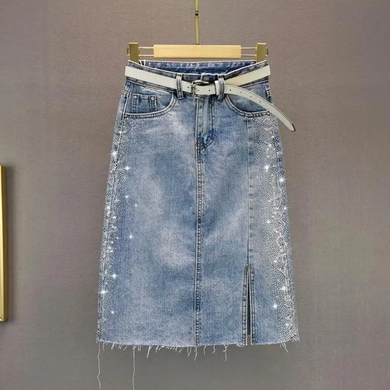 

2022 Summer Women High Waist Denim Skirt Hot Drill Side Split Long Skirts Slim A-line Jupe Femme Harajuku p244
