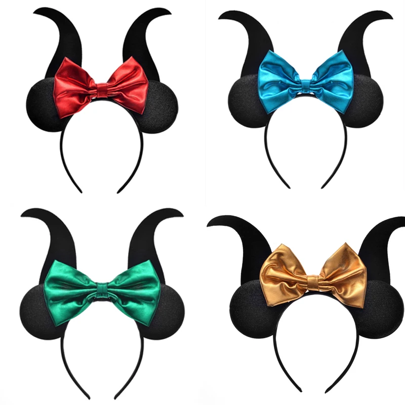 

2PCS Dark Devil Witch Headband Women's Bronzing Cloth Bow Mickey Ears Headdress Headband Cosplay Props Party Hair Accessories