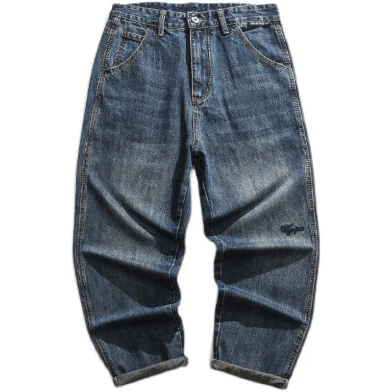 Japanese Retro Jeans Men's Spring Loose Overalls Tide Brand Straight Denim Pants Hong Kong Style Ins Casual Old Simple Trousers