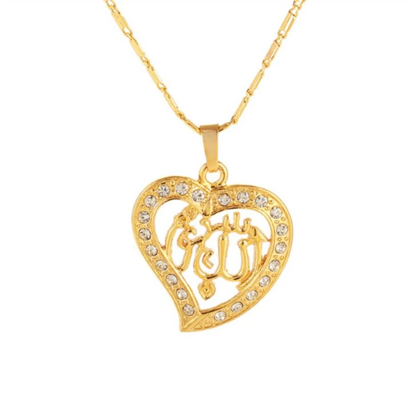 

Gold Color Muslim Heart Islamic Necklace Ladies Zircon Heart Romantic Pendant Necklace Religious Jewelry Gift