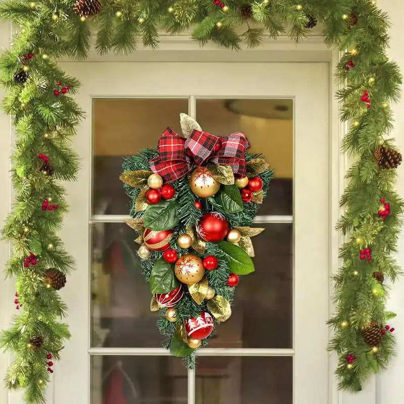 

Christmas Door Wreath Bow Knot Winter Party Ornament Front Door Fireplace Green Gold Leaves Baubles Door Hanging Holiday Wreath