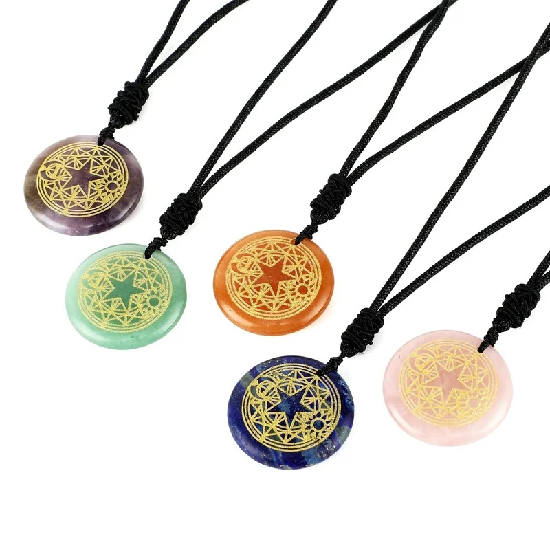 

Natural Crystal Agate Pendant Healing Reiki Chakra Engraved Destiny Astrolabe Magic Circle Charms Orbit Sun Star Moon Necklace