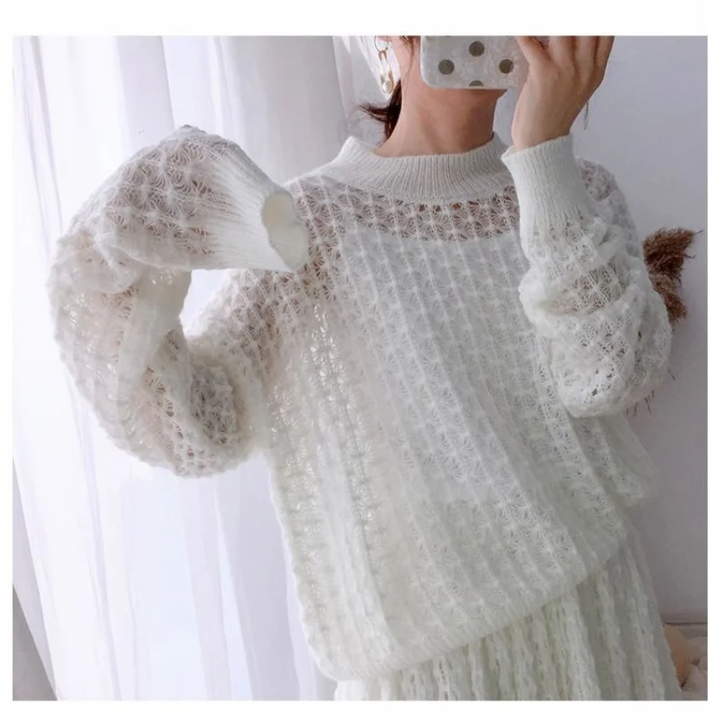 New Sweater Suit Skirt White Kawaii Loose Hollow Knitted Two-Piece Knitted 2 Pieces Set 2022 Women Office Lady Pullovers Sweater