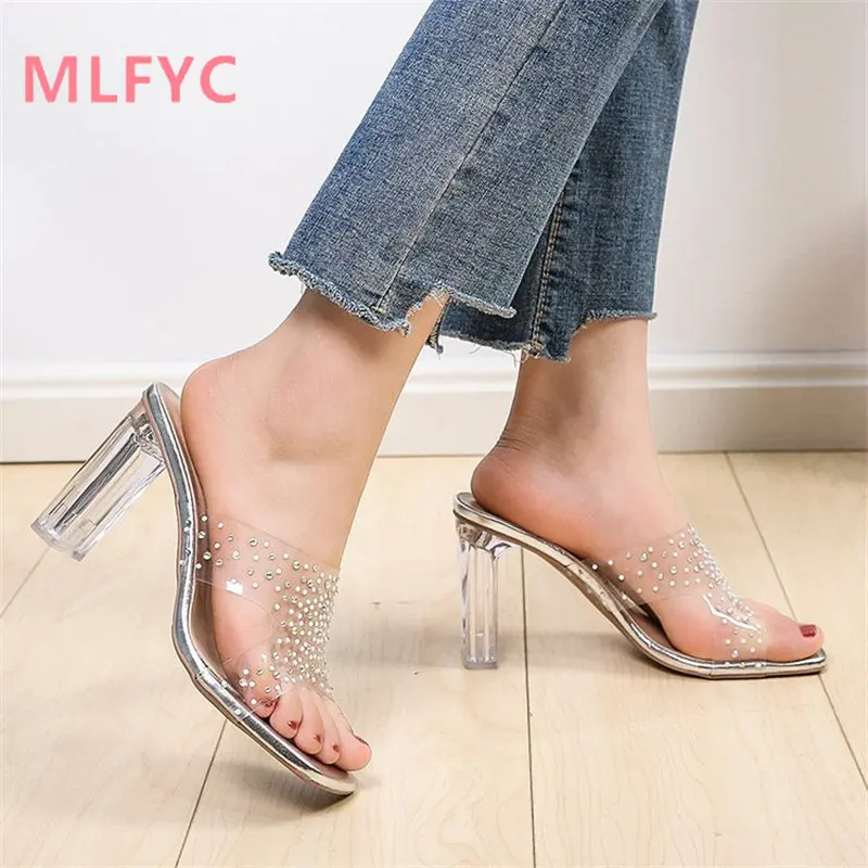 

Transparent crystal heel sandals for ladies in the summer of 2023 New style thick heels high heels sandals for women high heels