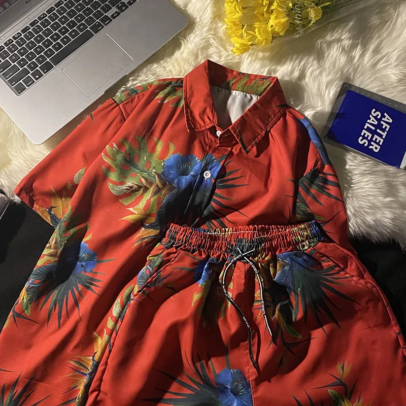 

Men's Summer Casual Button-Down Short Sleeve Hawaiian Shirt Suits Beach Floral 2 Piece Vacation Outfits Sets Quick Dry Blouses