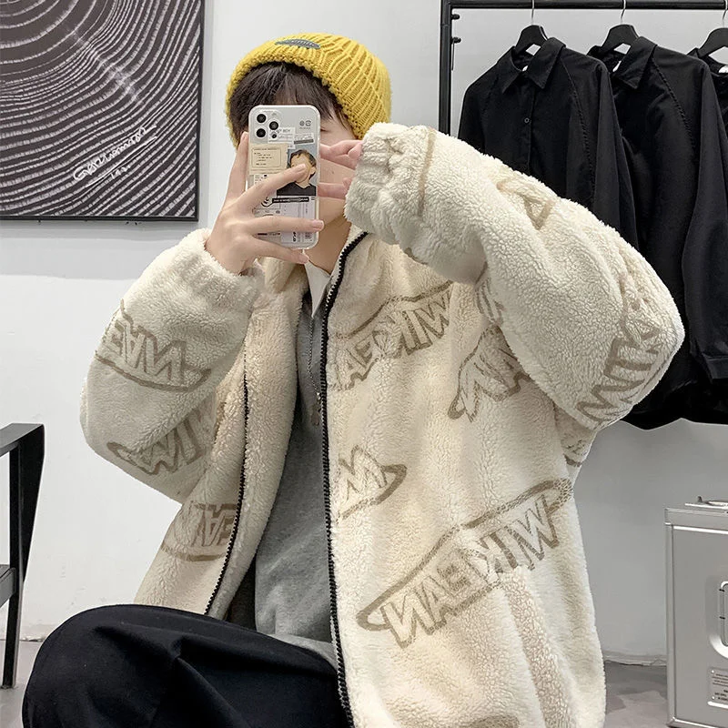 

NoEstaMal New Letter Graphic Lamb Woolen Fleece Parkas Harajuku Fashion Brand Large Size Men Jackets Coats Male Winter Clothing