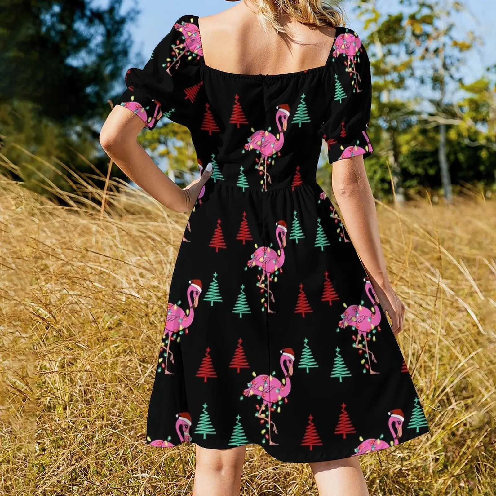 Тропические рождественские огни Санта-Розовый Фламинго Платье с короткими