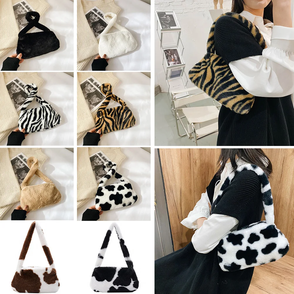 

Retro Leopard Print Handbags For Women Soft Plush Shoulder Underarm Bags Female Large Capacity Travel Winter Warm Fluffy Totes
