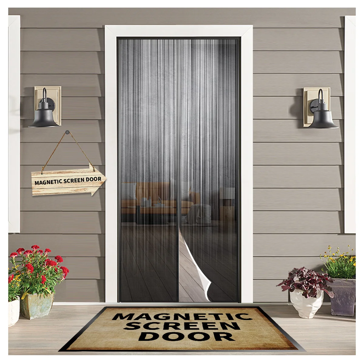 

Black And White Irregular Vertical Stripes Modern Door Curtain Magnetic Net Anti Mosquito Insect Fly Bug Bedroom Door Curtain