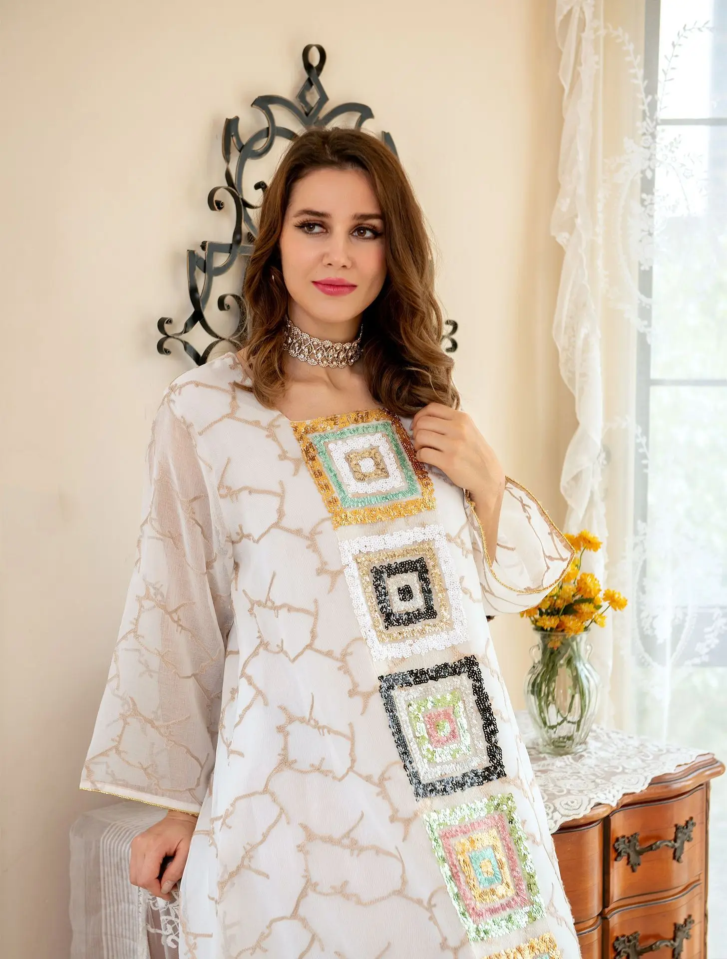 2023 New Women's Muslim Dress Mesh Robe Arabic Appliqué Gold Sequin Garment Vestidos Arabes Dubai Y Turcos Evening Dresses