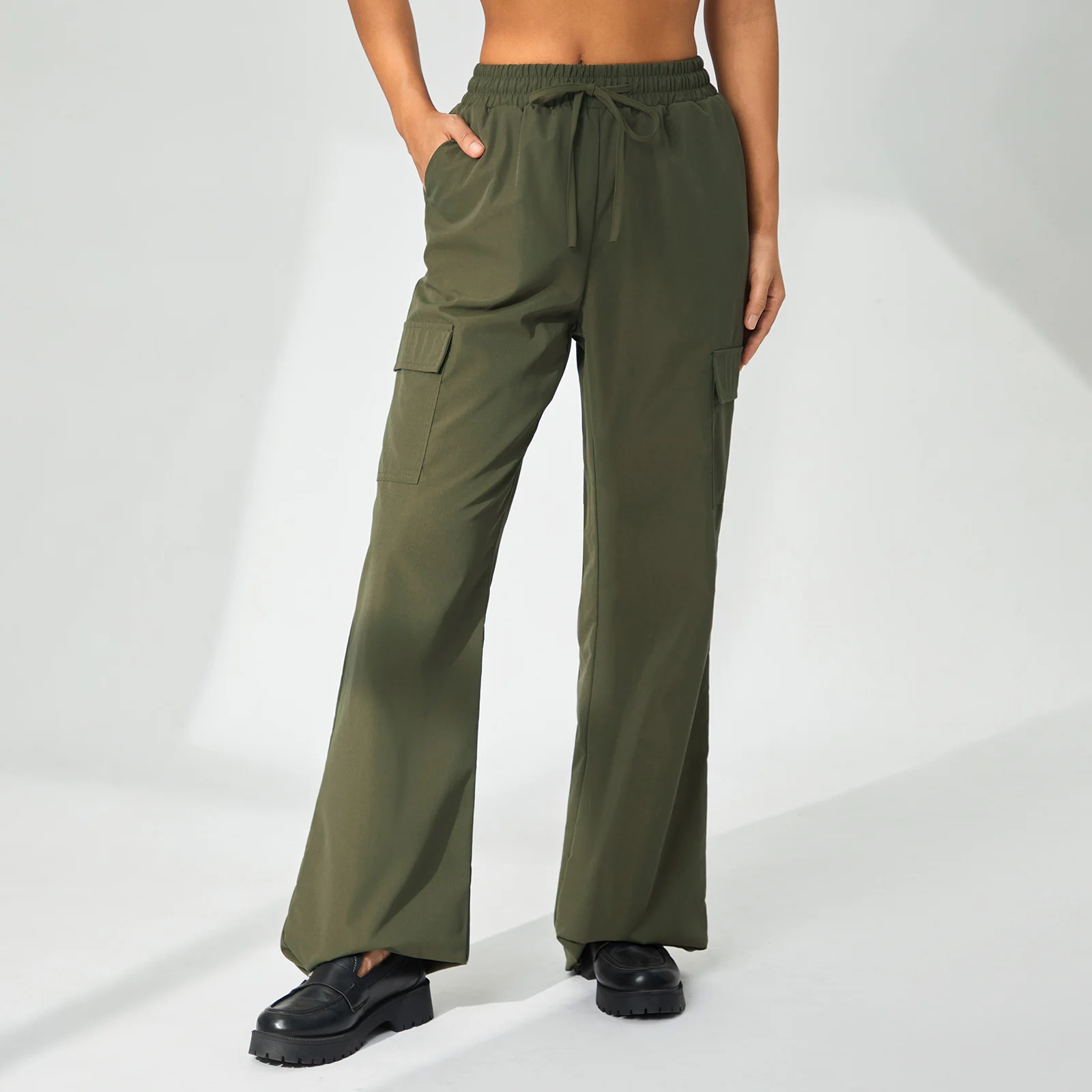 Spring Summer Women's Cargo Pants Wide-Leg Trousers Casual Solid Color Drawstring Elastic Waist Baggy Long Pants Streetwear