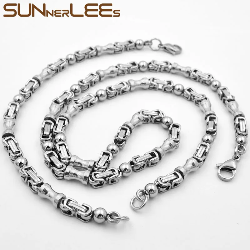

SUNNERLEES Jewelry Stainless Steel Necklace Bracelet Set 6mm Geometric Beads Link Chain Silver Color Gold Plated Unisex SC124 S