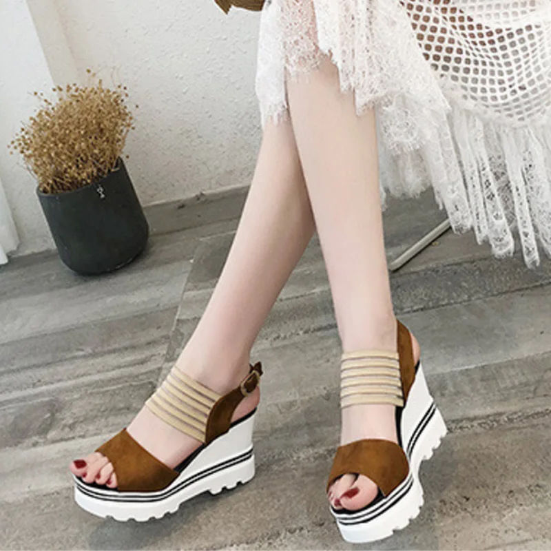 

Women Sandals 2022 Summer Wedges High Heels Fashion Ladies Peep Toe Buckle Strap Stretch Fabric Ankle Strap Female Shoes