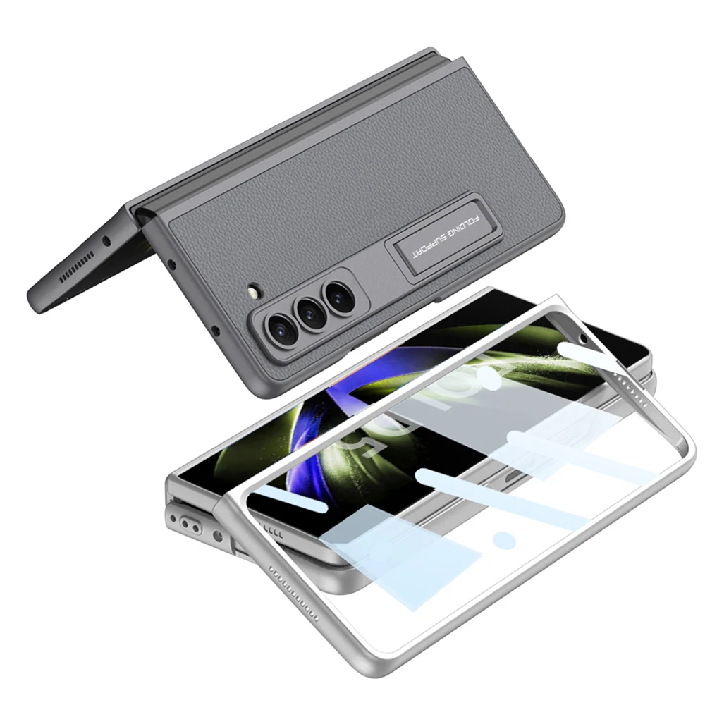 For Samsung Galaxy Z Fold 5 Case Ultra Thin Plain Leather Matte Bracket With Tempered Film Folding Shockproof Protection Cover