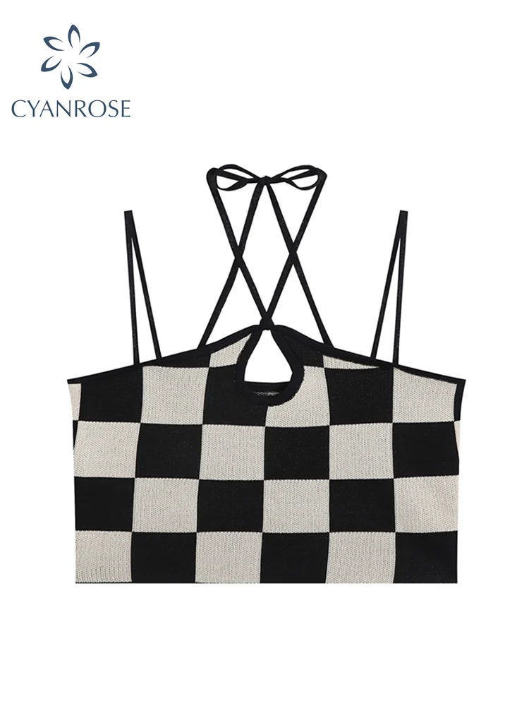 

2022 Women Vintage Plaid Crop Top Spring Sleeveless Backless Slim Tank Top Chic Design E-girl Y2K Sexy Off Shoulder Short Camis