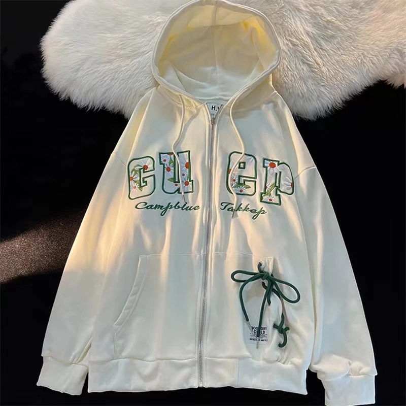 

Осенние толстовки с Вышивкой Букв Y2k, Парные толстовки большого размера в стиле Харадзюку, готический свитшот с длинным рукавом и капюшоном, пальто на молнии для подростков