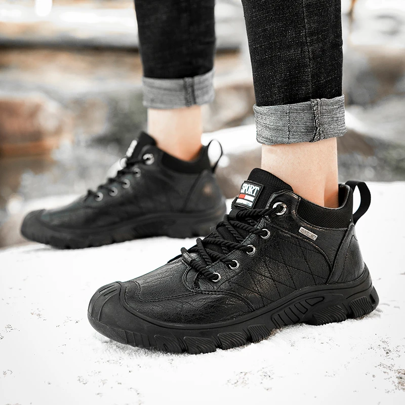 HIKEUP Men‘s Walking Shoes Padded Bag Head Men Shoes Business Work Casual Shoe Hiking Sport Genuine Leather Warm Non-Slip