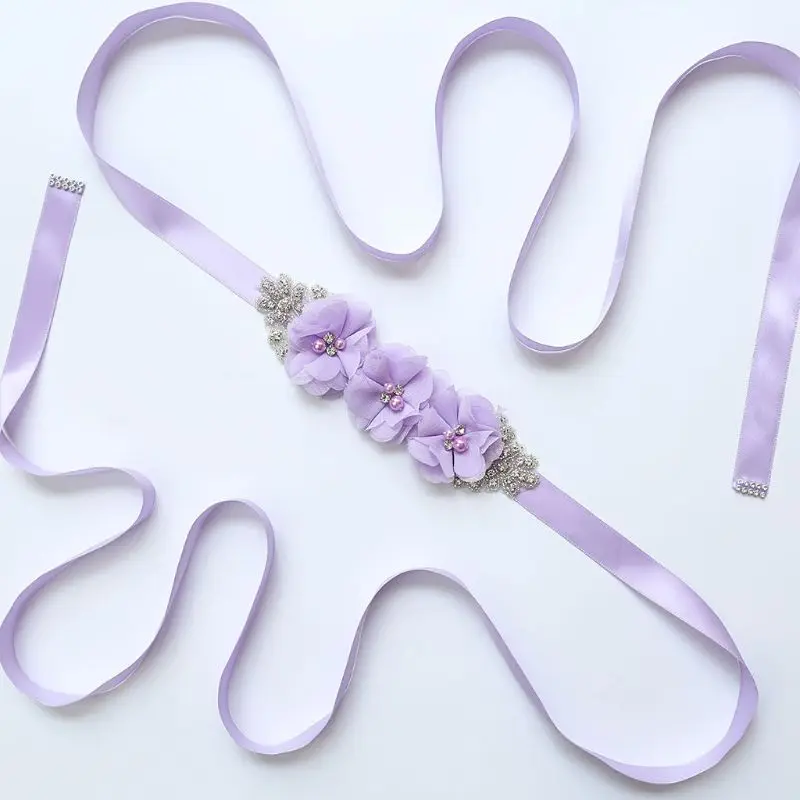 

270x2cm Womens Elegant Three Flower Sash Rhinestone Beaded Waistband Bridal Ribbon Cummerbunds Wedding Dress Waist Belt 12