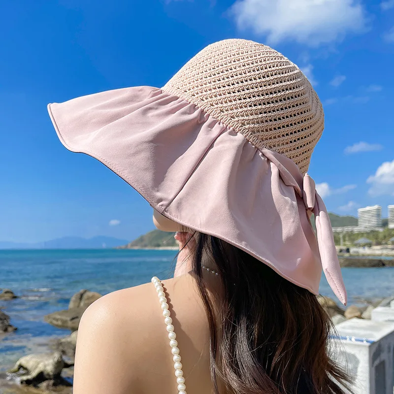 

Korean Version Of Summer Women's Knitted Large Brim Black Rubber Fisherman Hat Outdoor Sun Shading And Sunscreen Beach Sun Basin