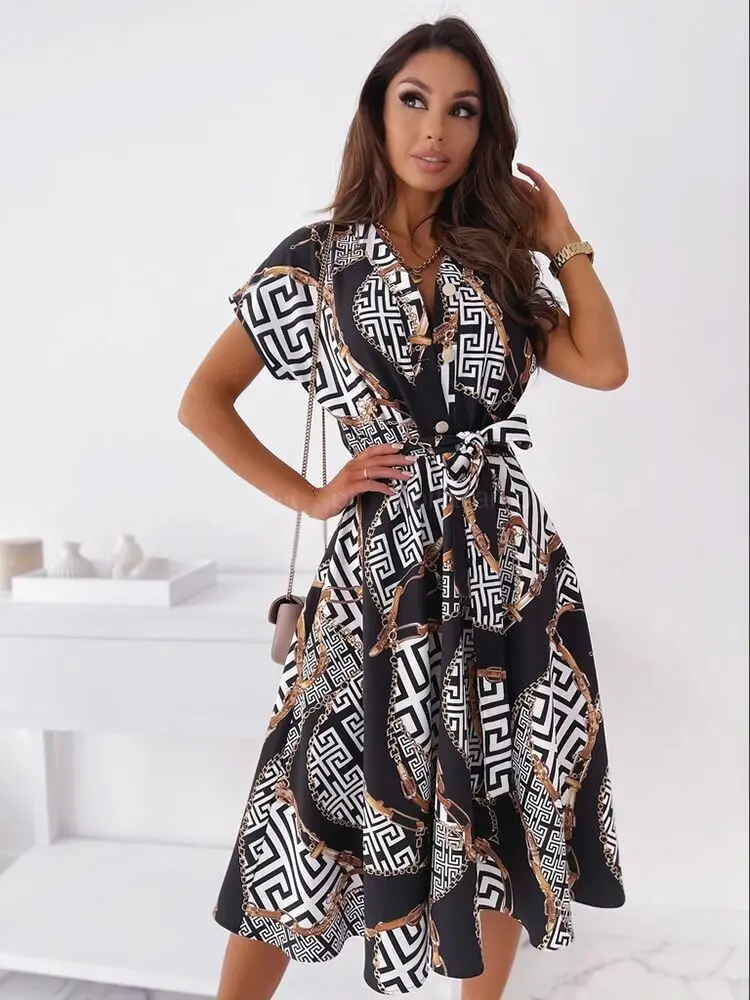 

Hot Spring/Summer New Women's Dress Clothing Fashionable Short-Sleeved V-neck Belt Digital Printed Dress