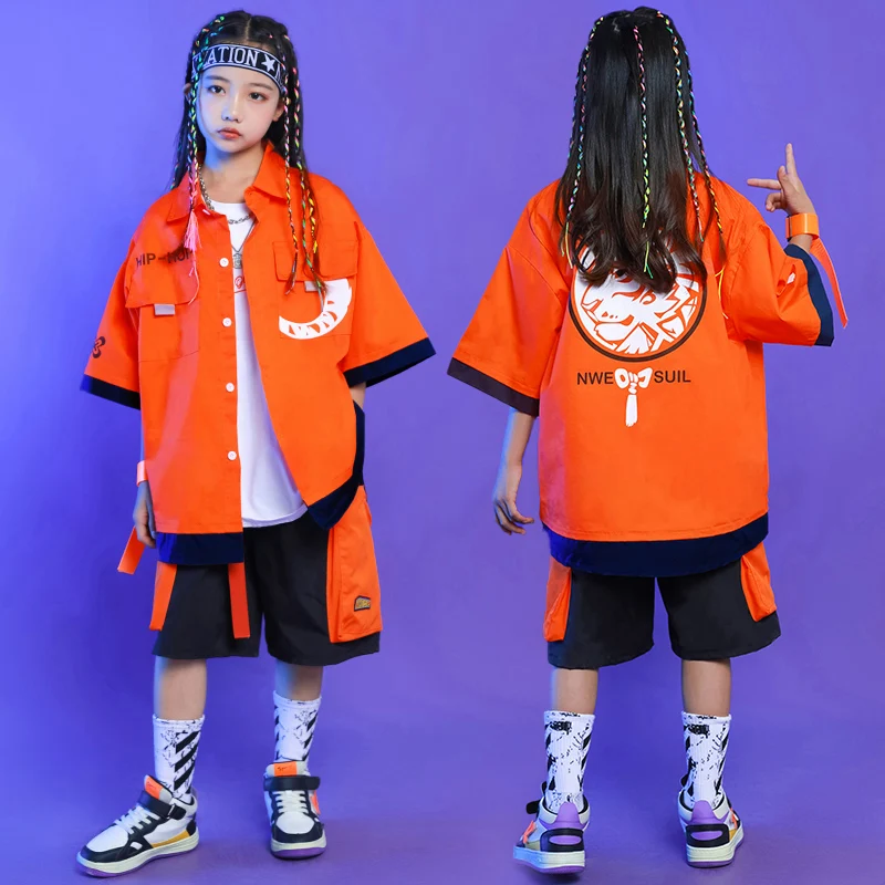 

Kids Ballroom Hip Hop Clothing Kpop Outfits Orange Shirt Cargo Shorts For Girl Boy Jazz Dance wear Costume Teen Streetwear