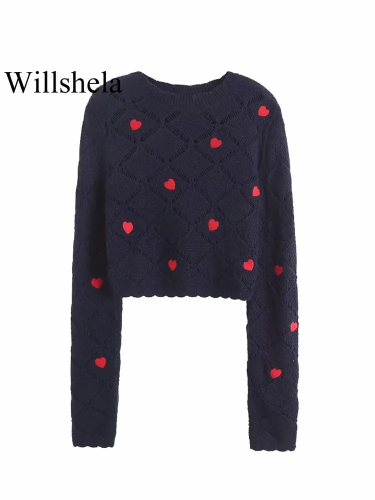 Willshela Women Fashion Heart Jacquard Knitted Pullover Sweater Vintage Long Sleeves O-Neck Female Chic Lady Tops