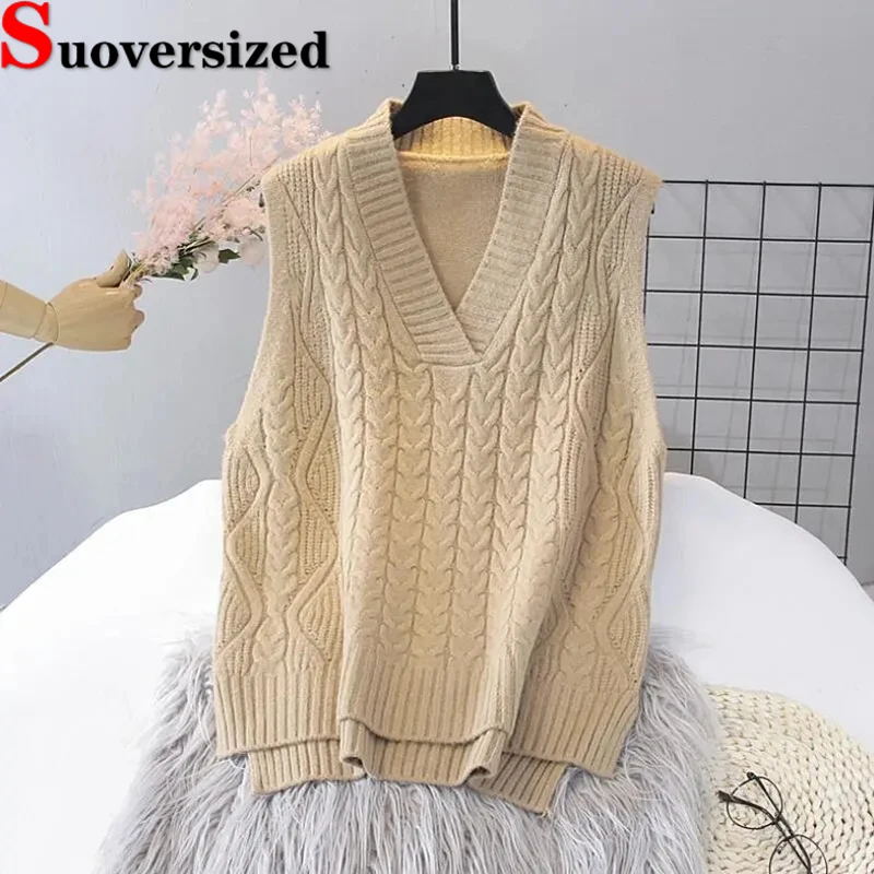 

V Neck Knitted Vest For Women Fall Winter Fashion Sleeveless Tops Khaki Classic Knitwears Colete Loose Casual Sweater Waistcoat