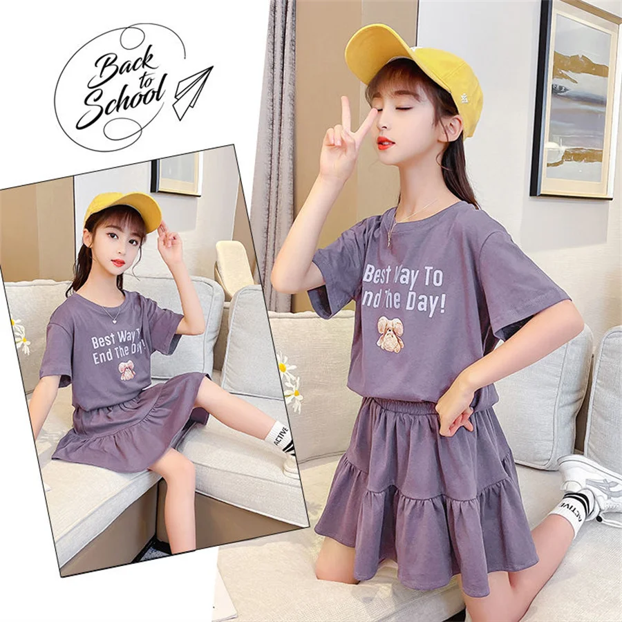 

Спортивный костюм для девочек, футболка с коротким рукавом и юбка с надписью для больших девушек, комплект из 2 предметов для детей 10, 11, 12 лет, лето