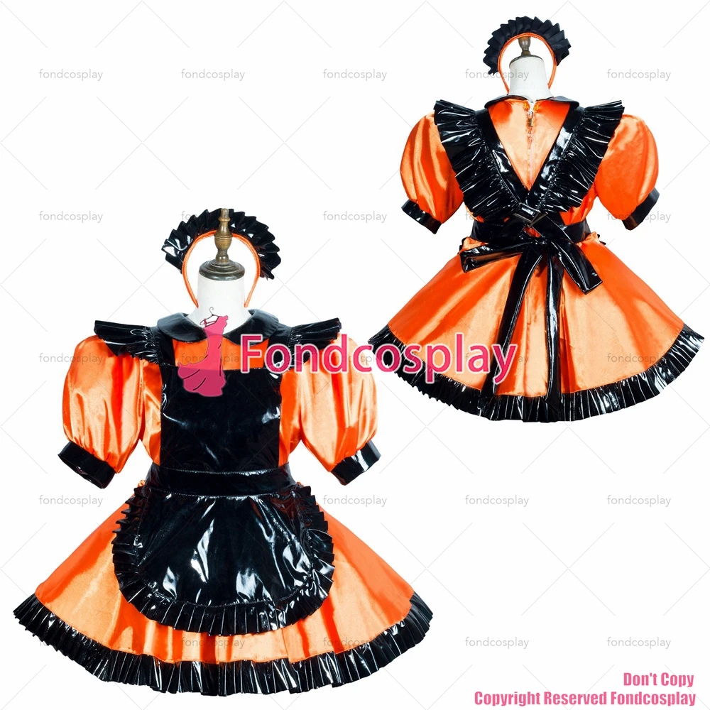 

Одежда для взрослых fondcosplay, сексуальная, с перекрестными узорами, короткое оранжевое атласное платье, черный фартук из ПВХ, Запираемая унифо...