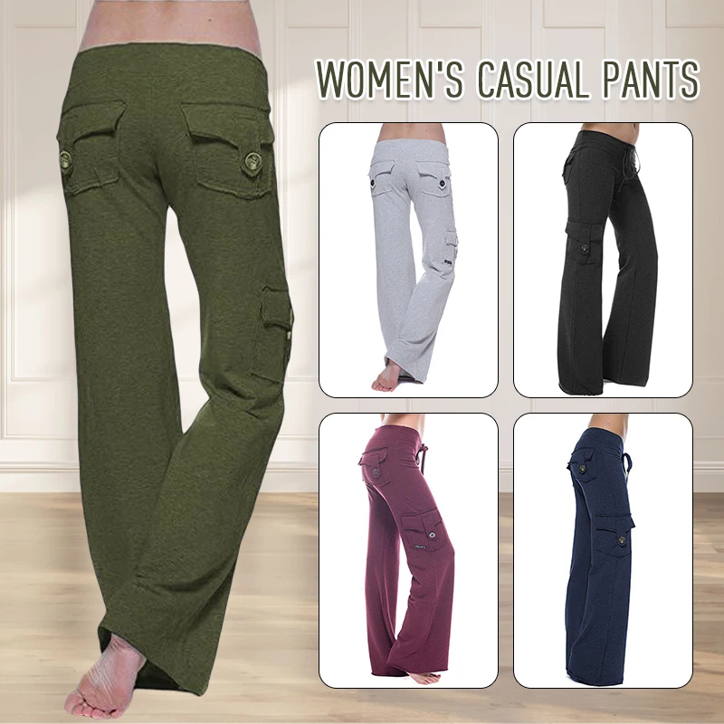 High Street Elastic Drawstring Overalls Trouser Women High Waist Pocket Straight Pants Summer Comfortable Yoga Micro Flared Pant
