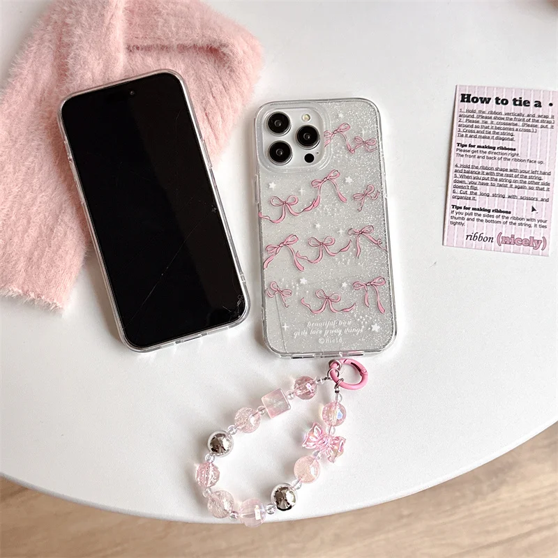 Высококачественный блестящий чехол для телефона с розовой лентой и браслетом