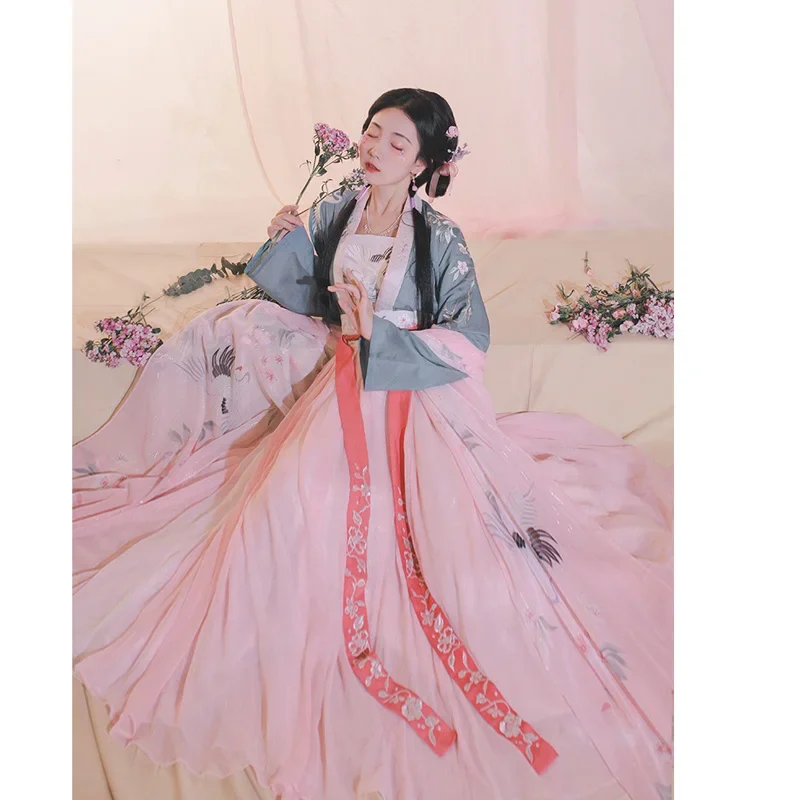 

WuXinYi Original Song Dynasty Hanfu Dress 3 Piece Suit Sweet Pink Flower Crane Embroidered Hanfu Dress Summer New Fairy Dresses