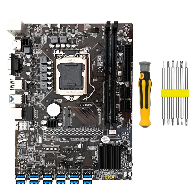 

HOT-B250C BTC Mining Motherboard with Screwdriver Kit 12 USB3.0 to PCI-E Graphics Slots LGA1151 DDR4 RAM SATA3.0 VGA MSATA