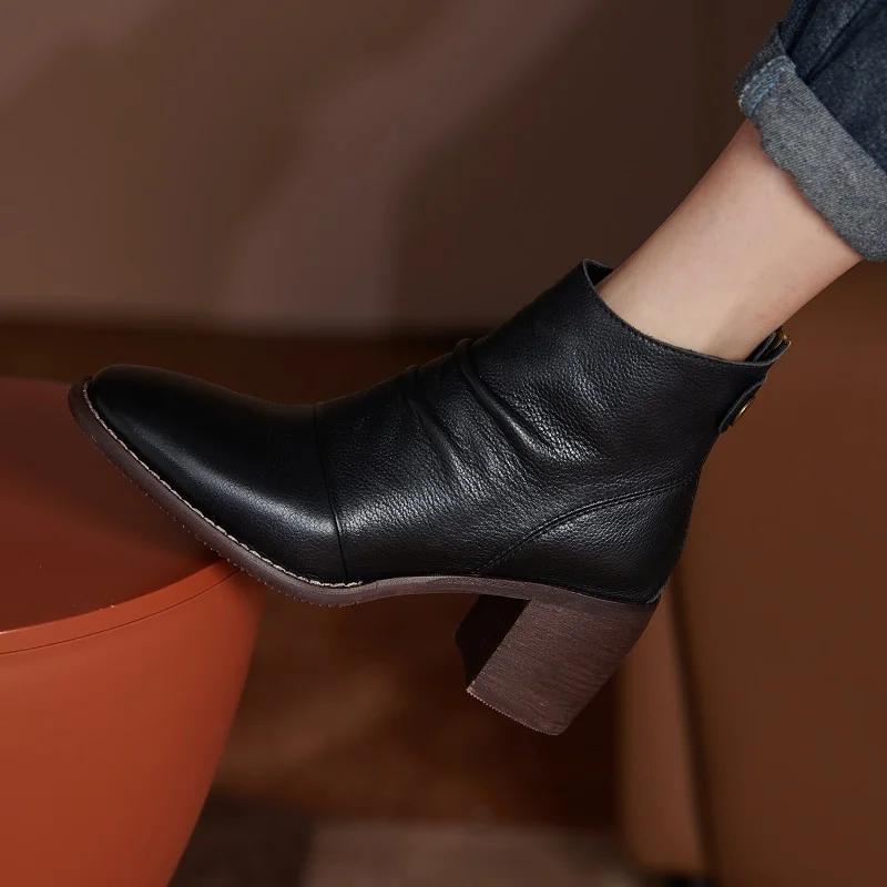 Women  Ankle Boots European Style Short Boots Cowhide Thick Heels Classic Pleated Shoes Woman Autumn Spring Ladies Daily Shoes