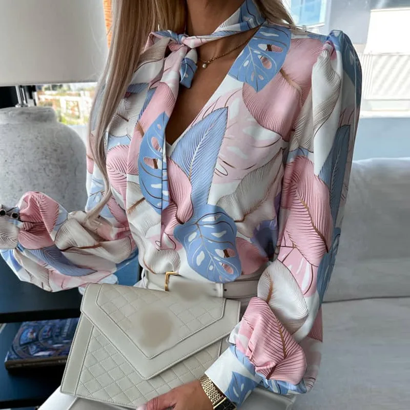 

Spring New Gentle Printed Blouses Tops Women Casual Long Sleeve Commute Shirt Blusas Fashion Temperament Tie V-Neck Ladies Shirt