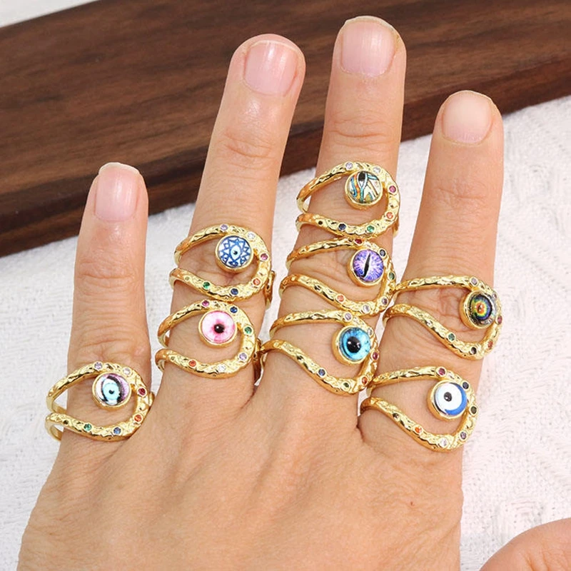 

10Pcs Bohemia Creative Gold Plated Color Eye Vintage Ring Micro Pave Zircon Eyes CZ Adjustable Opening Finger Ring Jewelry Gift