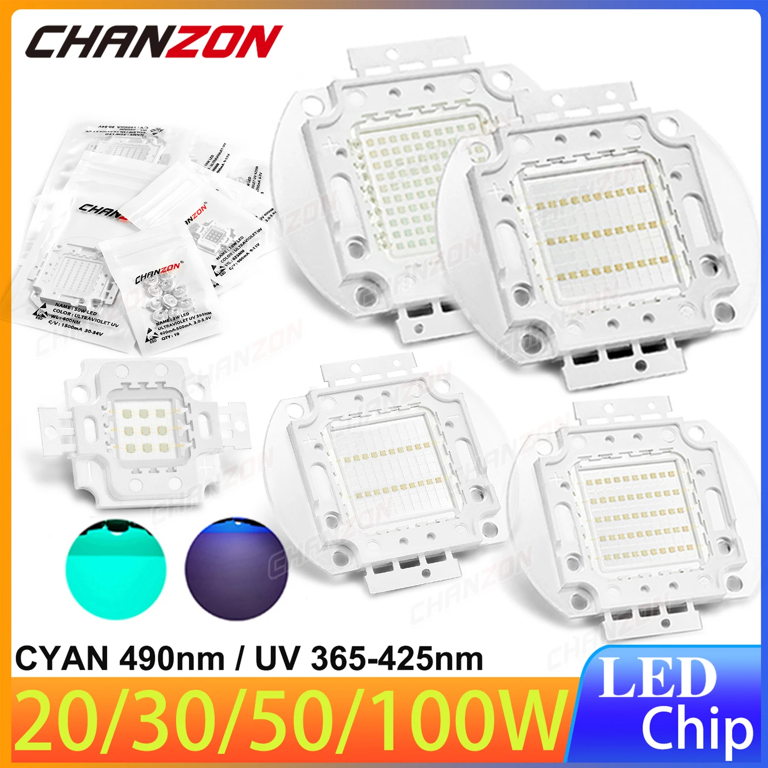 

20 30 50 100 Watt High Power UV Ultraviolet Cyan Led Chip 365nm 370nm 375nm 380nm 385nm 395nm 400nm 405nm 425nm 490nm Lamp Bulb