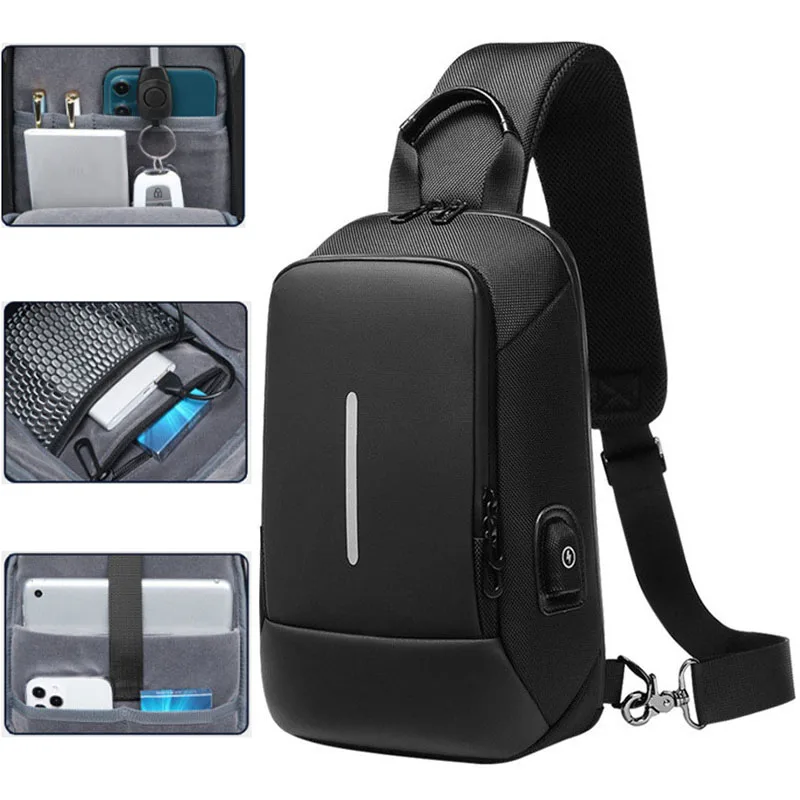 

Men's Fashion Multifunction USB Shoulder Bag Pack Oxford Messenger Crossbody Sling Travel Chest Bag Pack For Male Women Female