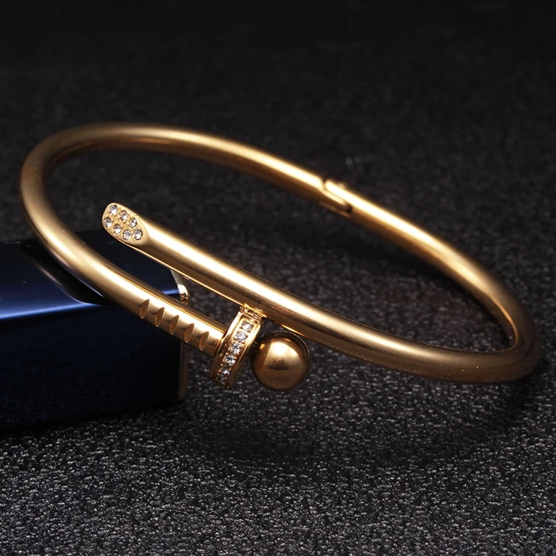 

Trendy Stainless Steel Gold Color Crystal Bangles Brand Stylish Screws Bracelets For Women Girl Decoration Jewelry Gift