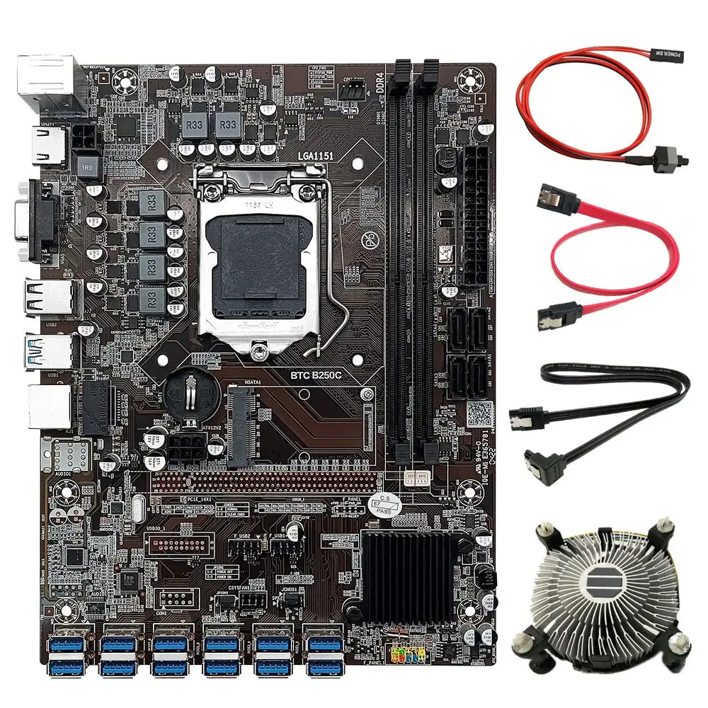 B250C 12 Card BTC Mining Motherboard+CPU Fan+2X SATA Cable+Switch Cable 12 USB3.0(PCIE) LGA1151 DDR4 MSATA Motherboard