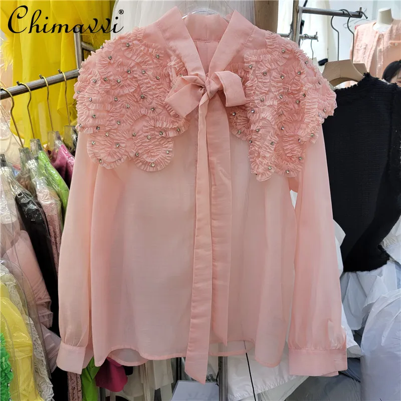 

Pink Bow French Style Shirt Women 2022 Spring Fall New Fashion Sweet Rhinestone Embroidered Blouses Simple Solid Color Chic Top