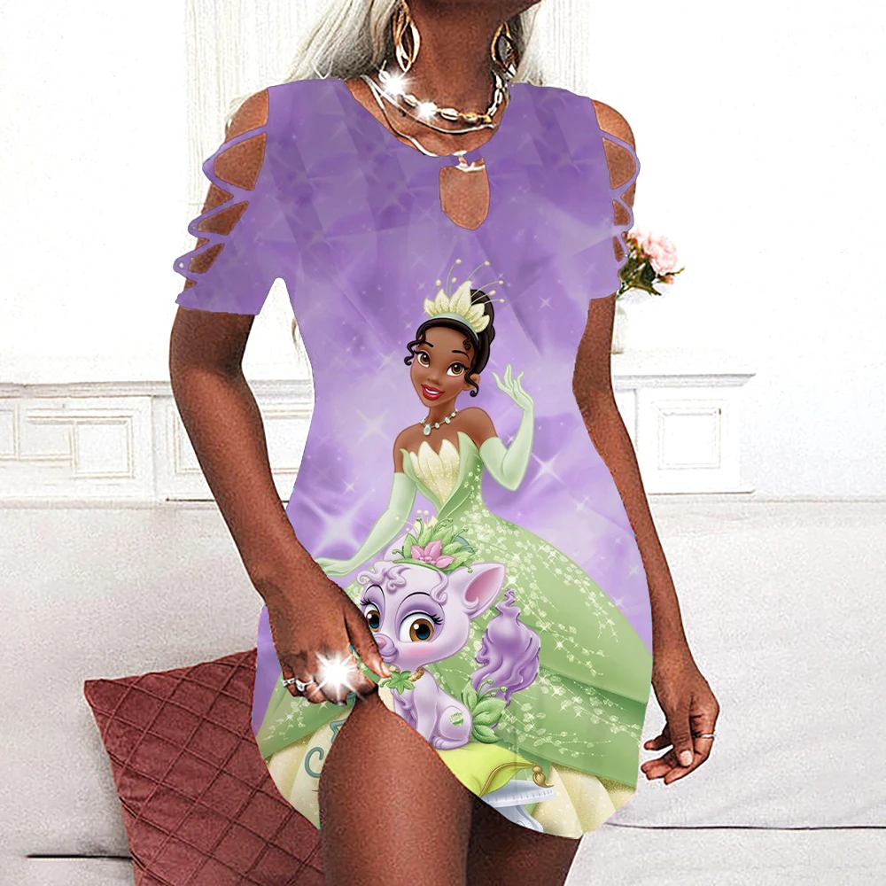 2023 Summer New Disney Princess Tiana Shoulder Strap Hollow Printing Dress Nightclub Fashion Women's Summer Dresses
