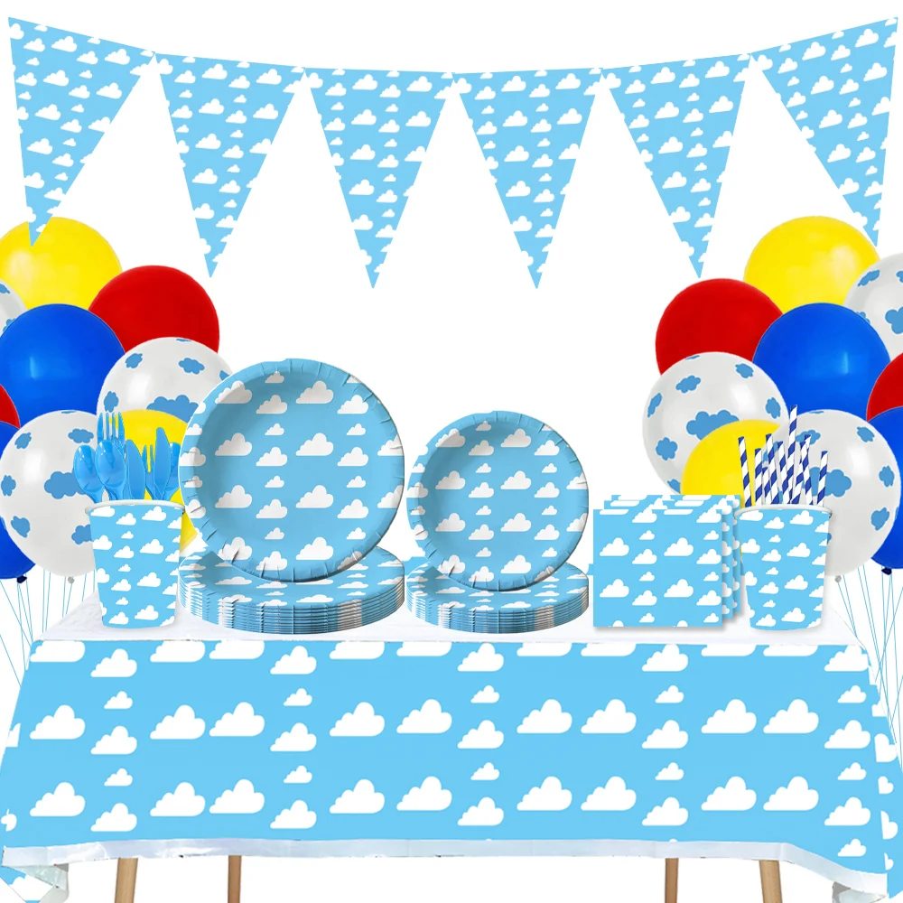 

Одноразовая посуда с облаками для дня рождения, набор воздушных шаров, свадебная скатерть с изображением синего неба и белого облака, скатерть, баннер, праздничные принадлежности