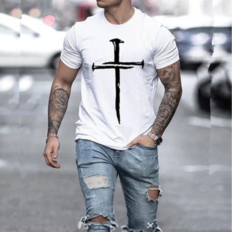 

Summer New Mens Cotton White T Shirts Oversized Clothes Vintage Short Sleeve Fashion America Cross Printed O Collared Tshirt Man