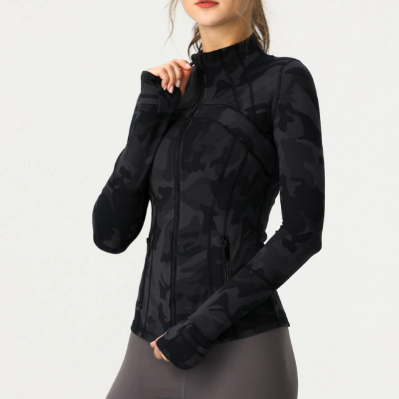 Autumn Black Cargo Standing-collar Women Jackets Fitness Stretchy Long Sleeve Thumb Hole Gym Running Coat Sports Sweatshirts